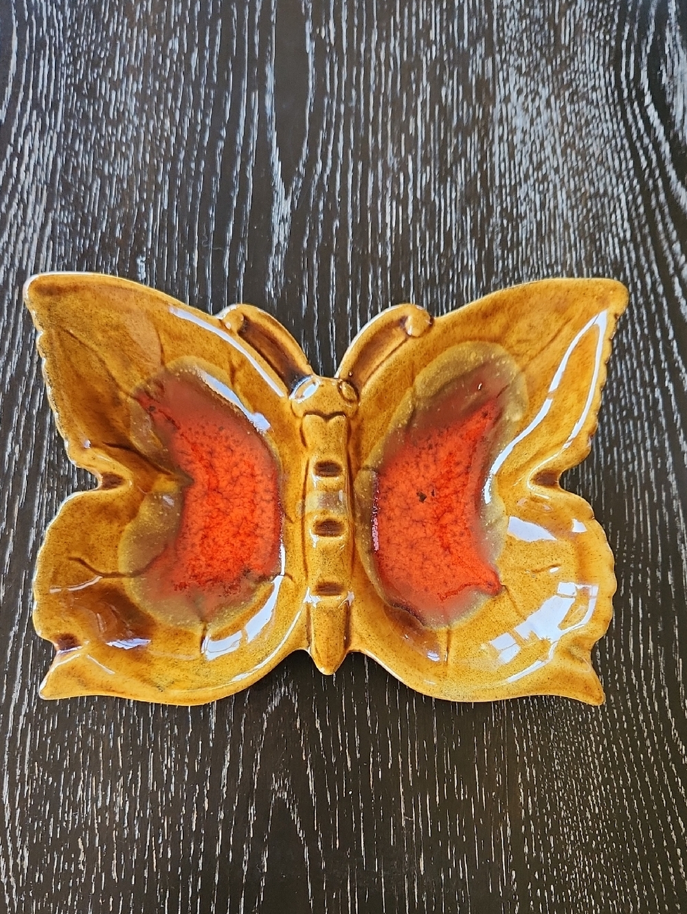 Ceramic Butterfly Decorative Dish Amber and Red - Mid Century Modern